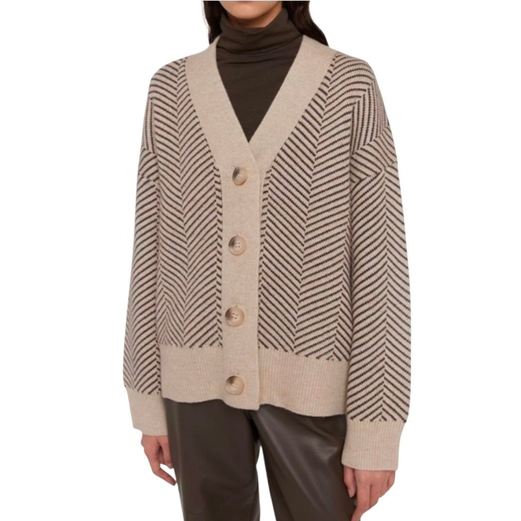 Oak + Fort Size Small Herringbone Women's Knit Cardigan Cream Oversized Boho
